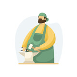 Vector illustration of a blacksmith with a hammer, tongs and an anvil. Profession. Flat style