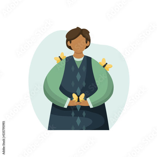 Vector illustration of an entomologist with butterflies. Profession. Flat style