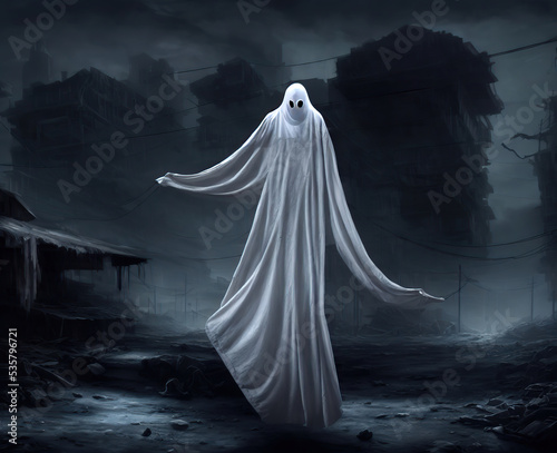 Ominous bedsheet ghost in a creepy environment. Digital illustration.