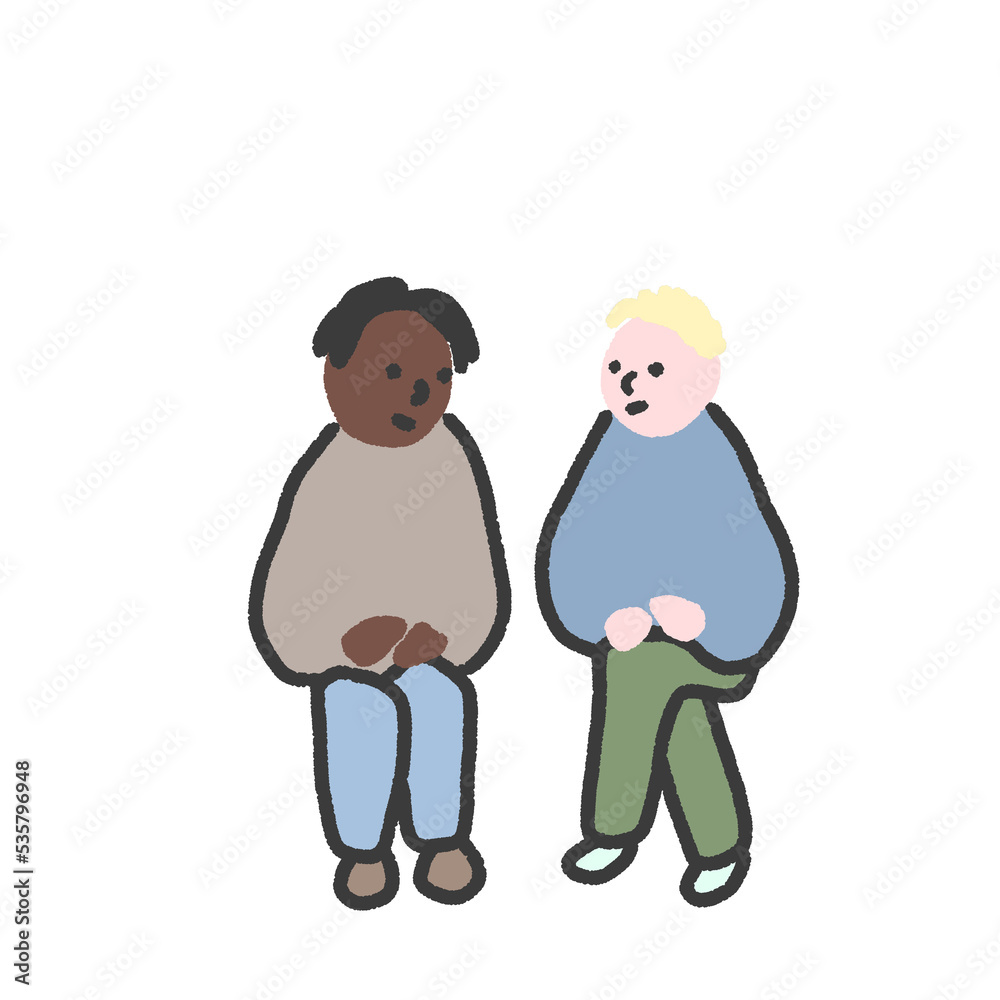 座って会話する二人の男性　友達　ゲイカップル　夫婦　