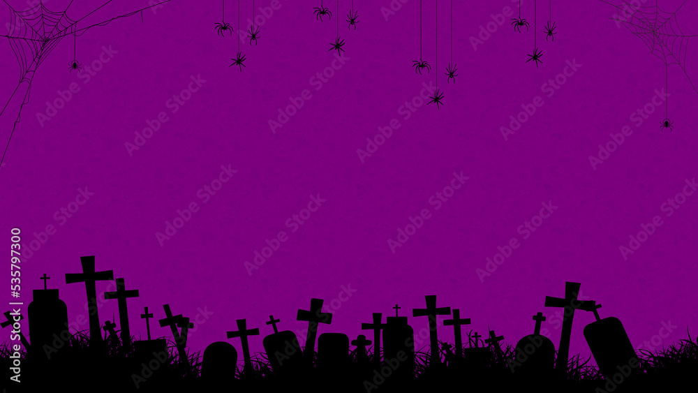 Halloween concept purple background design with spooky cemetary and spider webs. Purple color halloween wallpaper illustration with copy space.