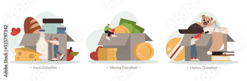 Flat tiny people collect food donation, clothes, money and child toys for charity or humanitarian aid. Volunteers donate products in cardboard boxes. Characters help to poor, homeless or kids.