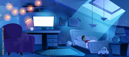 Boy sleep in bed at night room. Cartoom dark bedroom interior on attic with furniture, toys, glowing computer screen, garland and lamp. Sleeping child character under moonlight from window in roof.