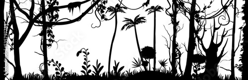 Jungle rainforest. Nature landscape silhouette. Dense tropical thickets. Isolated on white background. Vector.