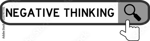 Search banner in word negative thinking with hand over magnifier icon on white background