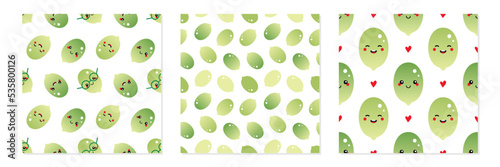 Set, collection of three vector seamless pattern backgrounds with cute cartoon style pumpkin seed characters.
