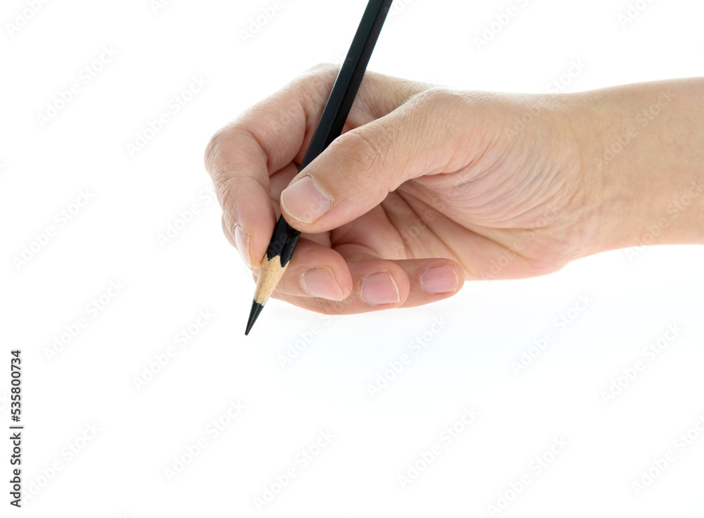 Woman hand holding pencil on white background Woman hand holding pencil on white background