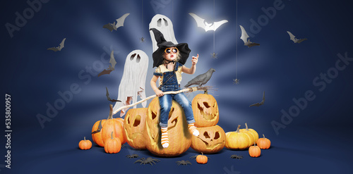 A little girl in a witch costume, in a big hat and with a broom in her hands sits on a huge Jack-o'-lantern pumpkin surrounded by spiders, ghost and bats.