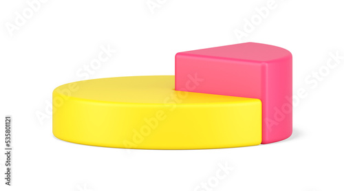 Pie chart side view 3d icon. Infographic volumetric yellow circle with highlighted triangular pink part
