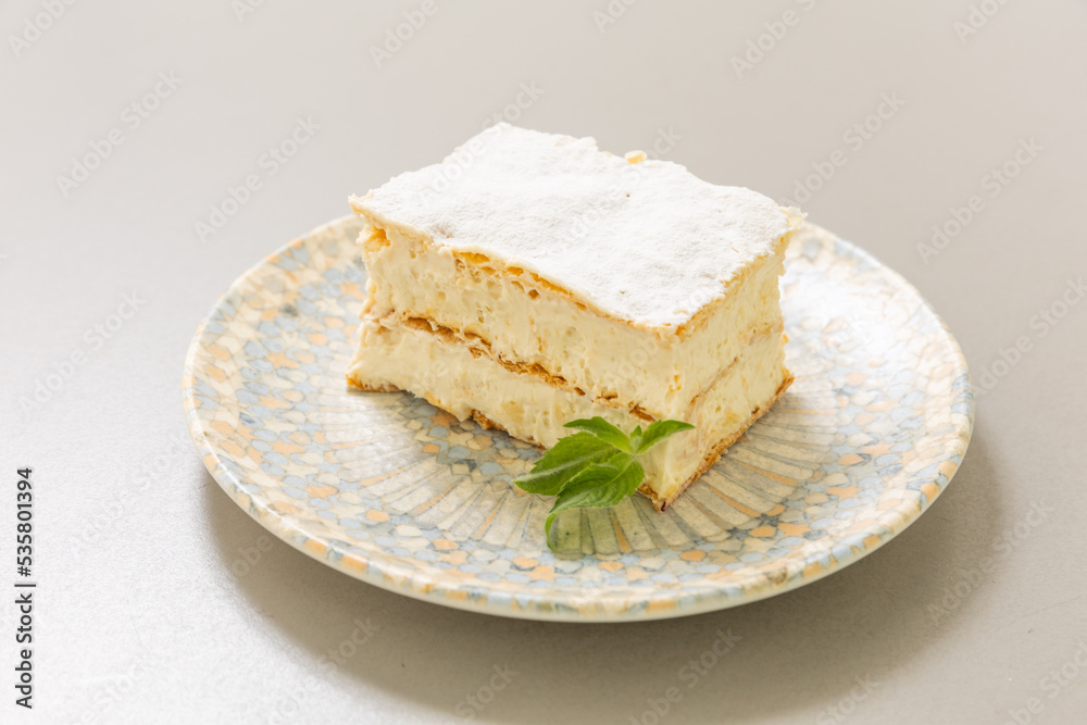Vanilla custard slice served on a plate Vanilla custard slice served on a plate
