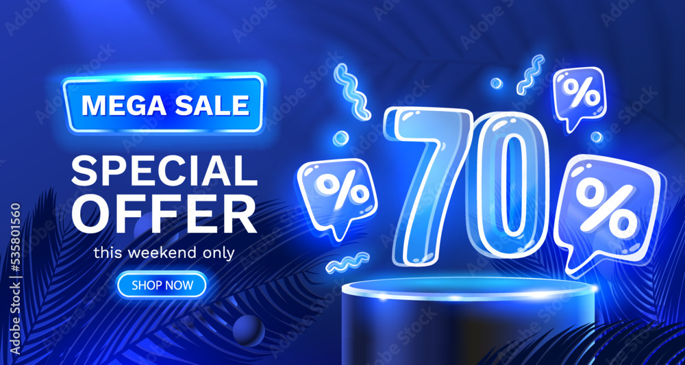 Mega sale special offer, Neon 70 off sale banner. Sign board promotion. Vector - obrazy, fototapety, plakaty 