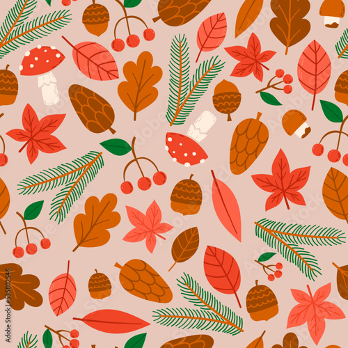 Hand Drawn Autumn Nature Elements Seamless Pattern. Fall Leaves, Mushrooms, Branches, Cones, Acorns © Kseniia Kosikova