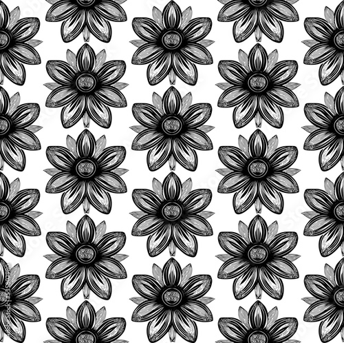 Seamless vector line art pattern made of black hand drawn flowers on white, retro engraving style