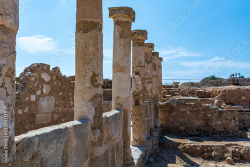 Ruins in Cyprus. Ancient pastroika of Paphos. Pillars of the medieval city. Ruins in Archaeological Park. Open Air Museum in Paphos. Pillars of the old city in the open air. Sights of Cyprus.