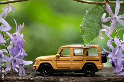 Yellow toy car between purple wreath flowers on nature background.