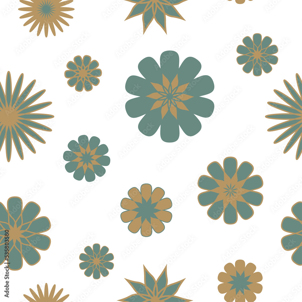 Fototapeta premium A seamless floral pattern in retro style, 70s wallpaper, geometrical turquoise daisies on a white background