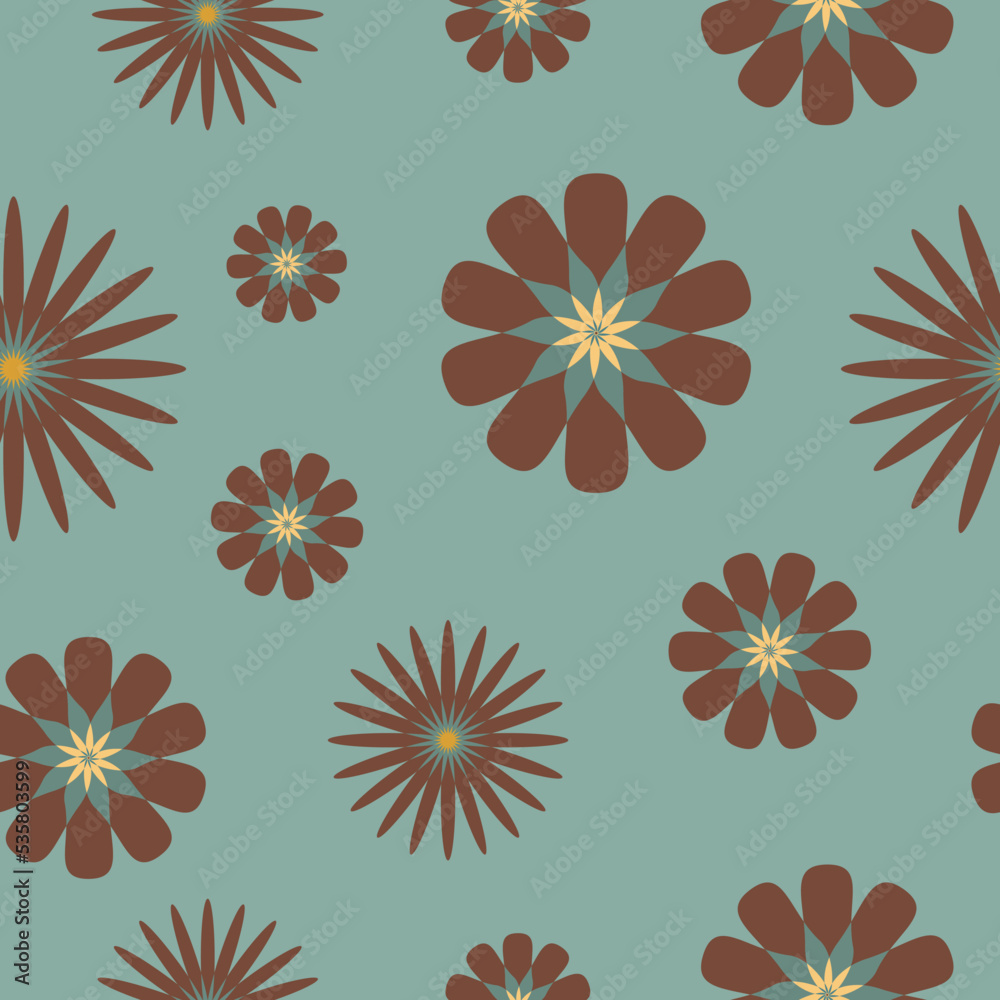 A seamless floral pattern in retro style, 70s wallpaper, geometrical daisies on a turquoise background A seamless floral pattern in retro style, 70s wallpaper, geometrical daisies on a turquoise background