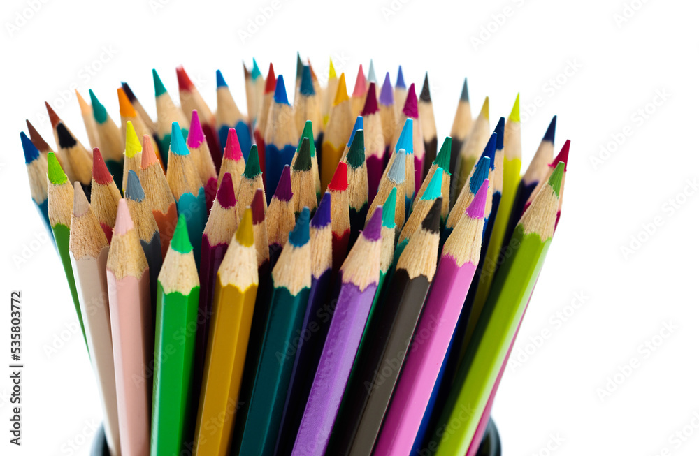 Colorful pencils in metal basket on white background Colorful pencils in metal basket on white background