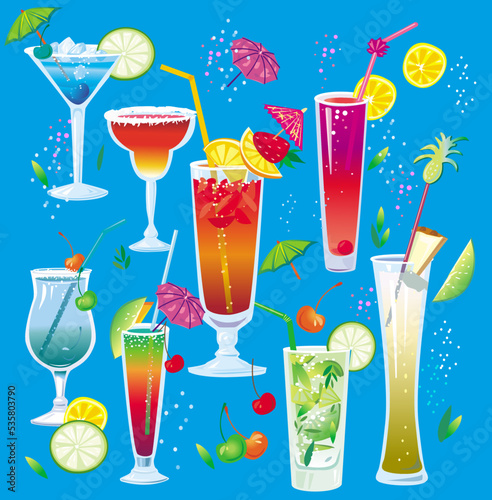 Set of Cocktails in different types of glasses