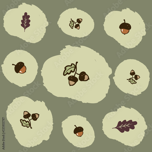 Cute hand-drawn acorns and oak leaves seamless pattern, a fall season background in pastel green