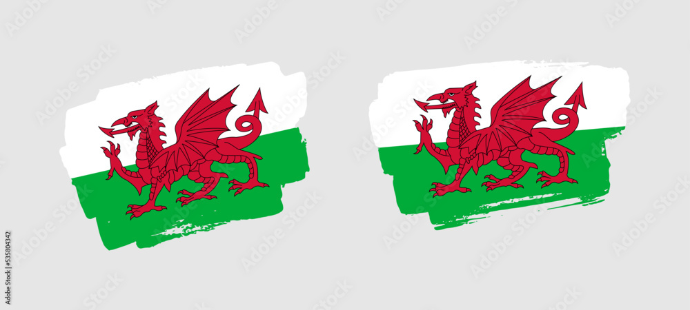 Set of two hand painted Wales brush flag illustration on solid background Set of two hand painted Wales brush flag illustration on solid background