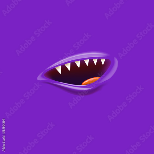 Vector Cartoon vampire mouth with fangs isolated on violet background. Funny and cute violet Halloween Monster mouth with teeth and tongue