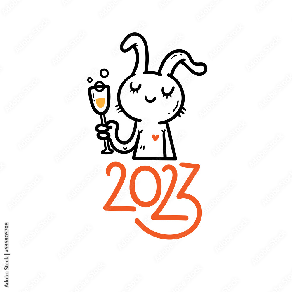 New Year card with hare. Chinese calendar symbol. Vector holiday poster. Funny animal. Cheerful rabbiti. Funny hare print. Anthropomorphic character for desing. New Year card with hare. Chinese calendar symbol. Vector holiday poster. Funny animal. Cheerful rabbiti. Funny hare print. Anthropomorphic character for desing.