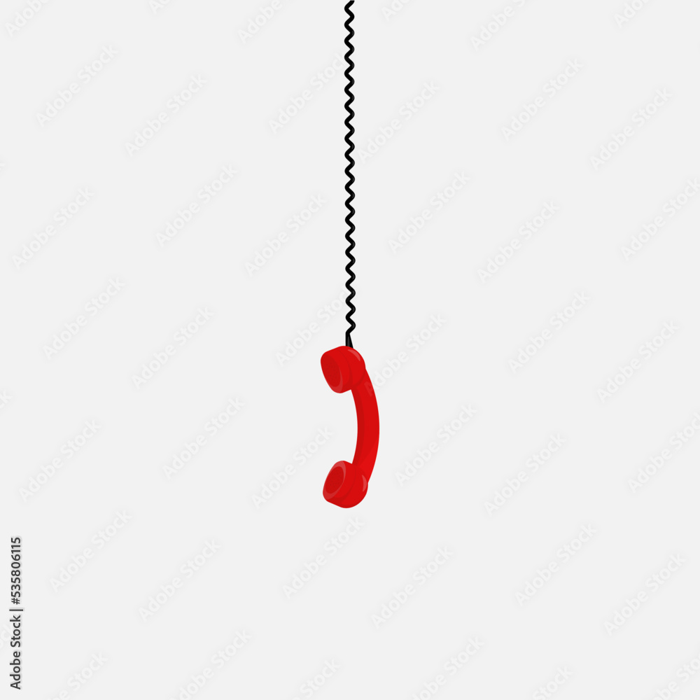 Retro red telephone receiver hanging on black wire. Vector cartoon