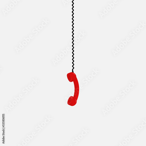 Retro red telephone receiver hanging on black wire. Vector cartoon illustration isolated on white background.