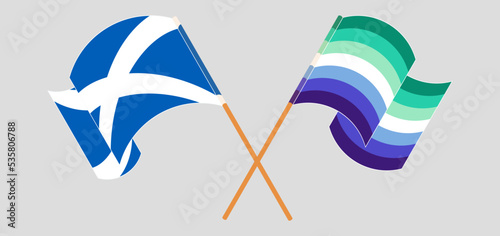 Crossed and waving flags of Scotland and gay men pride