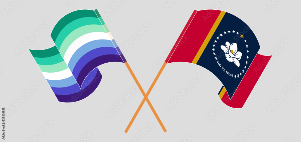 Crossed and waving flags of gay men pride and The State of Mississippi Crossed and waving flags of gay men pride and The State of Mississippi