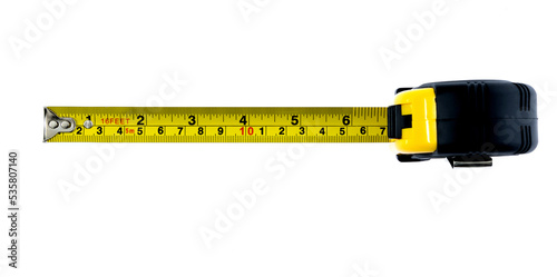 Yellow tape measure on white background