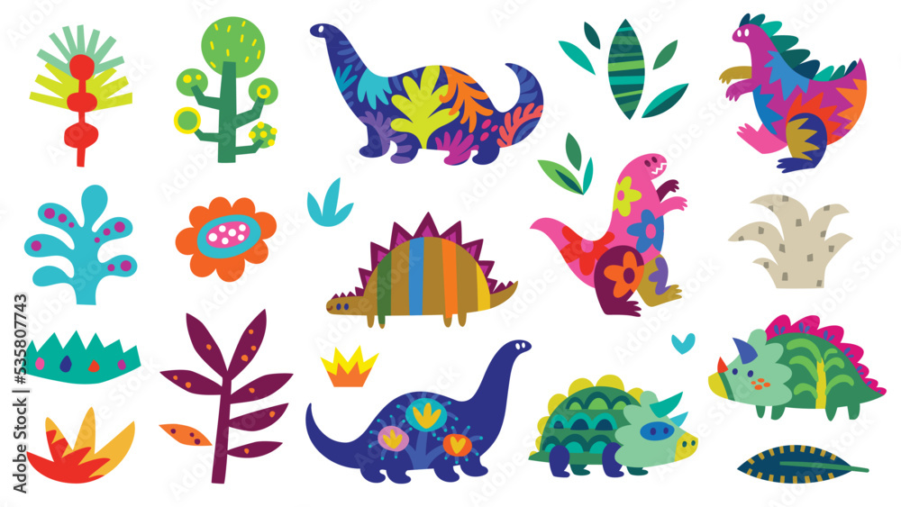 Collection of flat dinosaurs silhouette and plants inside Collection of flat dinosaurs silhouette and plants inside