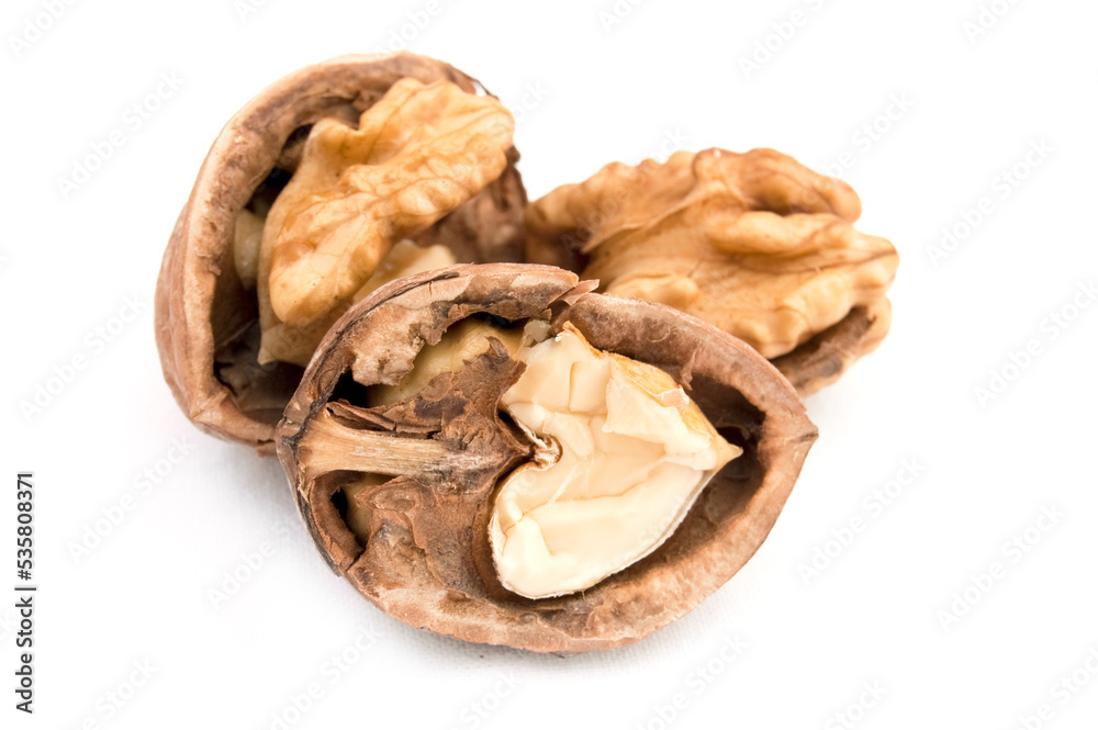 Walnut and split walnut with kernel inside on the white background Walnut and split walnut with kernel inside on the white background