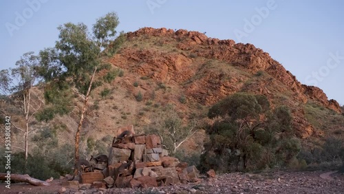 Wilderness landscape, Group of Wallabies standing on rocks, Rugged mountain in Background. Australia photo