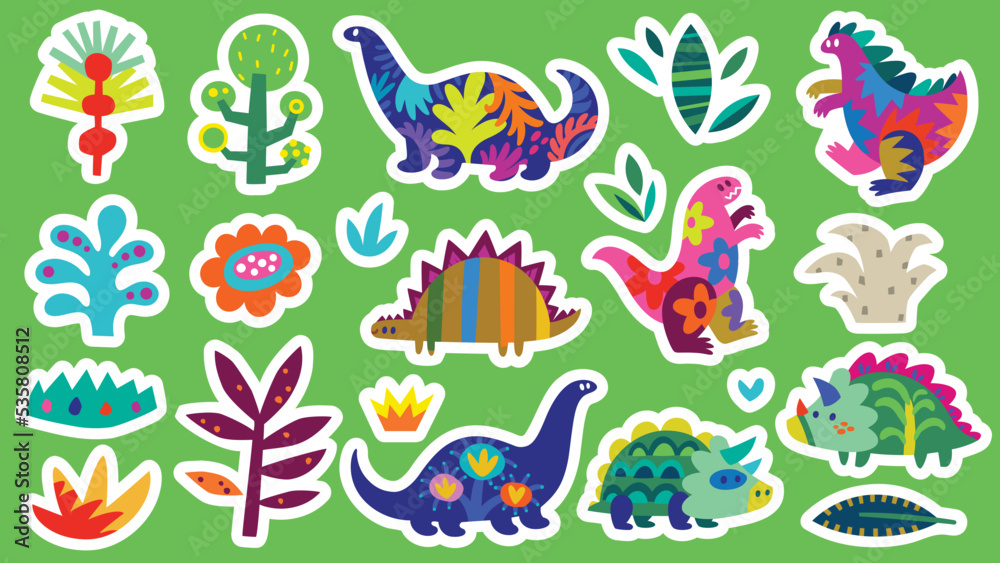 Fototapeta premium Flat dinosaurs silhouette with plants. Childish collection