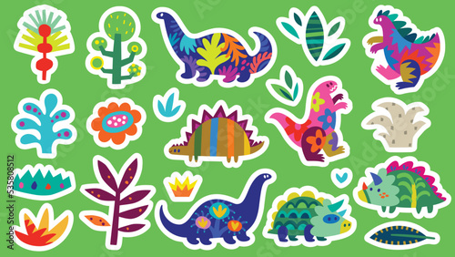 Flat dinosaurs silhouette with plants. Childish collection