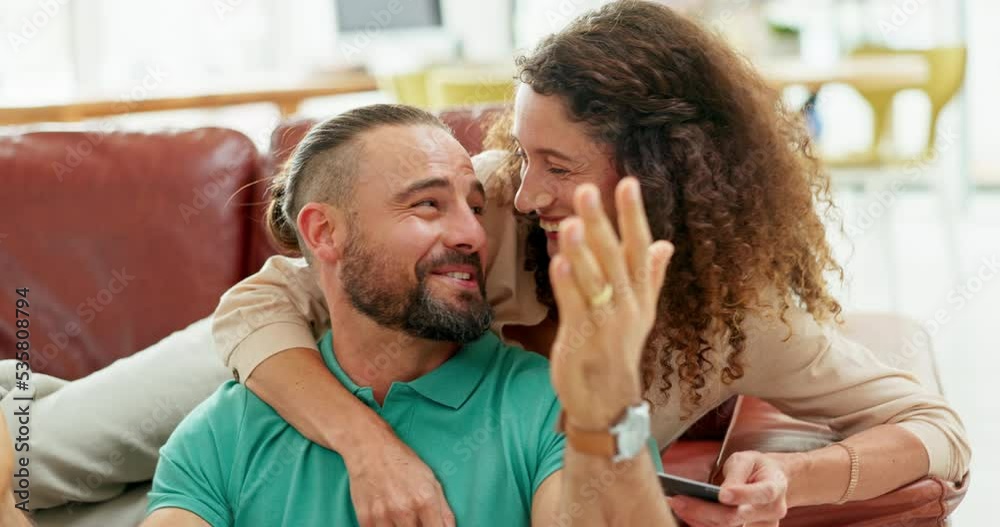 Online shopping, payment success and couple with credit card and laptop talking in the living room with hug. Excited man and woman speaking about retail product on the internet with card to pay