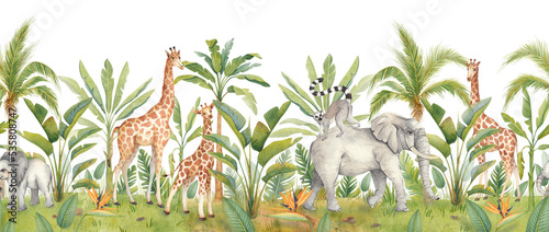 Fototapeta Beautiful tropical horizontal seamless pattern with hand-painted watercolor animals and palm trees. African animals: giraffe, elephant, zebra, lemur. Botanical art. Perfect for wallpaper and stickers.