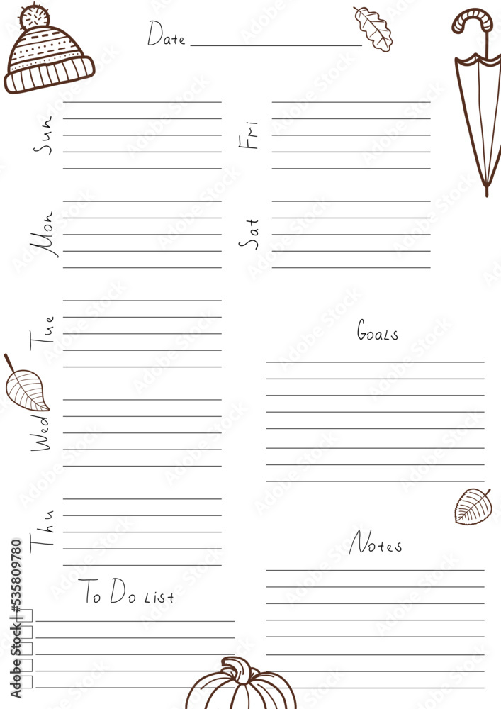 Vector illustration with empty weekly planning with space for date and notes. A4 print ready weekly planner blank with open date. Template bullet journal page, habit tracker, notebook, school schedule Vector illustration with empty weekly planning with space for date and notes. A4 print ready weekly planner blank with open date. Template bullet journal page, habit tracker, notebook, school schedule