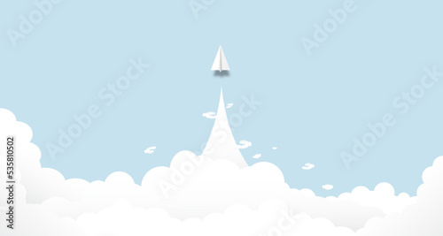 Red paper airplane leader flying on blue sky background. Creative concept idea of  business success and leadership in paper craft art style design .Vector illustration

