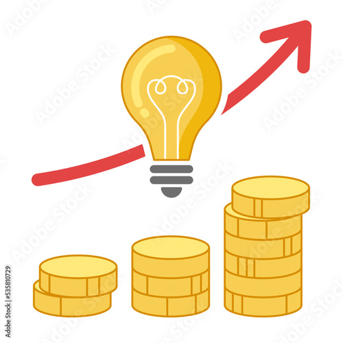 Energy prices increase, electricity tax rising. A light bulb with a stack of coins and an up arrow. Simple vector illustration