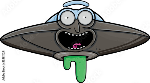 UFO Vector illustration of abstract ufo with cute face. Cartoon cosmic ship in flat style. Fancy space character