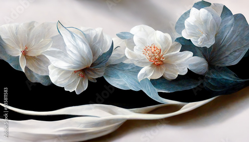 White flowers with leaves is depicted on the canvas. The bud is white. The background of the picture. 3d rendering