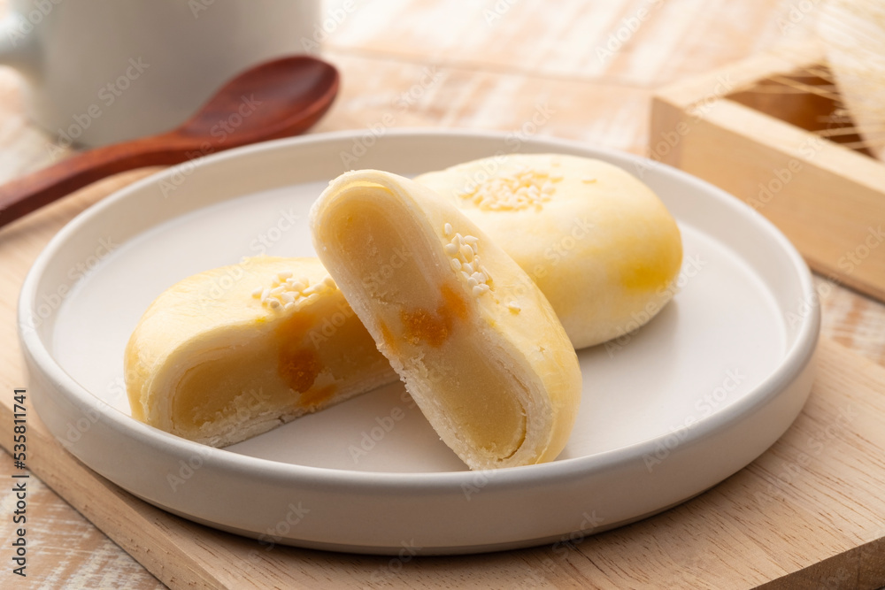 Sliced bean Cake with Salted Egg,Chinese Pastry cake stuffed with mung bean and eggs yolk Sliced bean Cake with Salted Egg,Chinese Pastry cake stuffed with mung bean and eggs yolk