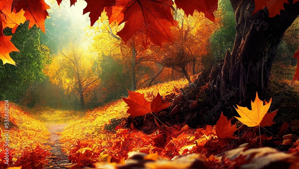Illustration of colorful autumn leaves dancing in the air in the forest - obrazy, fototapety, plakaty 