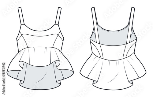 Ruffle Crop Top technical fashion illustration. Women's strappy Top fashion flat drawing template, ruffled, slim fit, front, back view, white colour, CAD mockup.