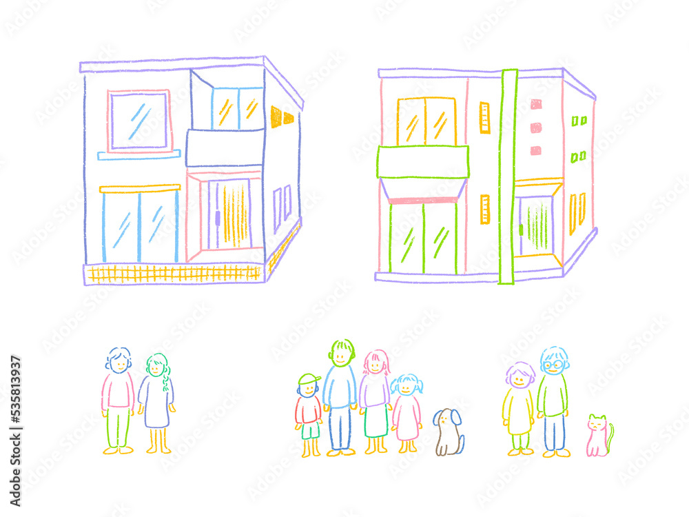 Housing and family Simple and cheerful hand-drawn illustration set / 住宅と家族 シンプルで明るい 手描きイラストセット