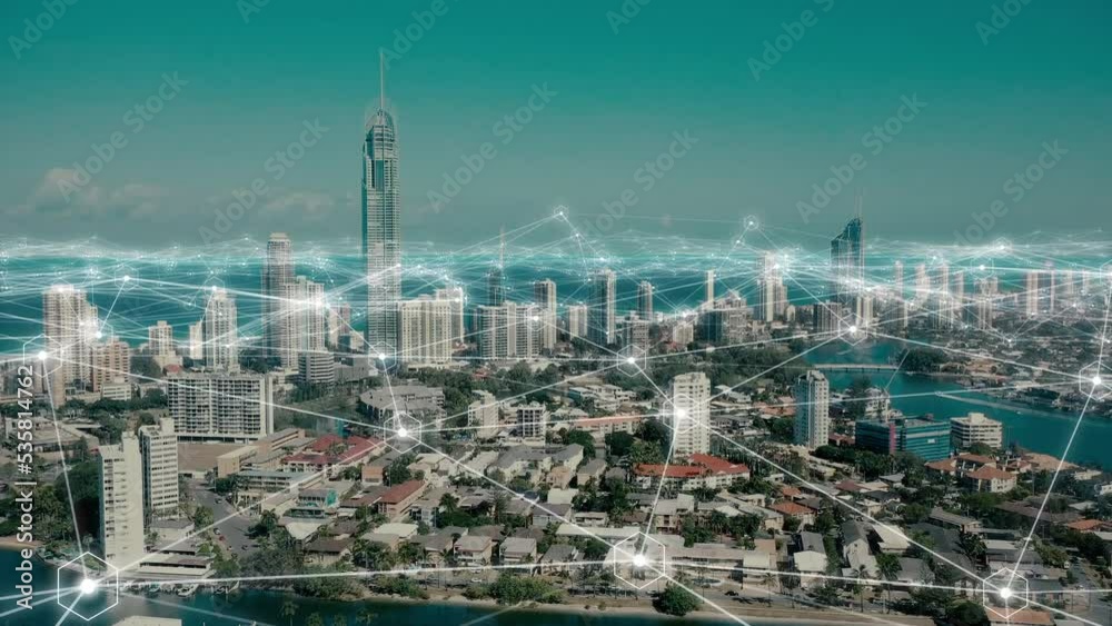 Smart city, digital transformation and communication networking grid for internet, cyber security software or Australia community. Drone view, technology abstract and cloud computing for data traffic