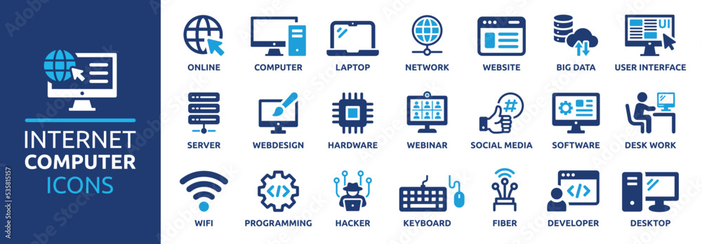Internet computer icon set. Containing online, computer, network, website, server, web design, hardware, software and programming. Solid icons vector collection. - obrazy, fototapety, plakaty 